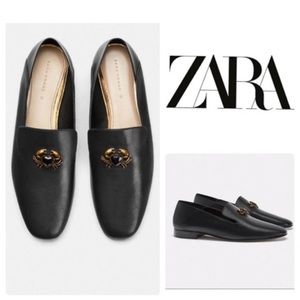 Zara Black Leather Embellished Slip-On Loafers